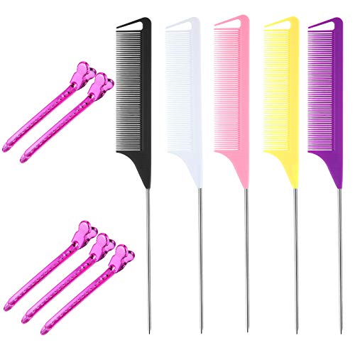 10 Pieces Braiding Hair Comb Hair Styling Tools Set, Includes 5 Pieces Braiding Parting Comb for Pintail Rat Tail Comb Teasing Combs and 5 Pieces Aluminum Clips for Hairdressing Salon (Mixed Color)