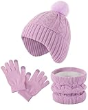 Kids Winter Hat Gloves Scarf Set - Knitted Kids Scarf Hat and Gloves for Girls, Warmer Thick Lining Kid Beanie Winter Set