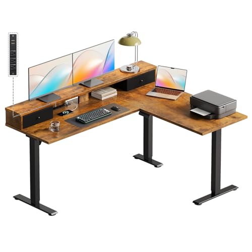 Image of Casaottima 59 Inch Electric L-Shaped Standing Desk with Drawers, Height Adjustable Stand Up Corner Desk with Monitor Stand, Lift Table for Home, Office, Workstation, Rustic Brown
