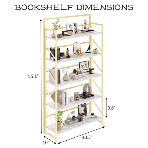 Image of JSB 6 Tier No Assembly Folding Bookshelf, 30.3 inch Wide Foldable Storage Bookcase for Home Office, Space-Saving Storage Shelf for Living Room (White&Gold)
