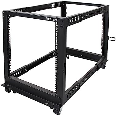 StarTech 4-Post 12U Mobile Open Frame Server Rack, 19in Network Rack with Wheels, Small Rolling Rack for Computer/AV/Data/IT Equipment - Casters, Leveling Feet or Floor Mounting (4POSTRACK12U)