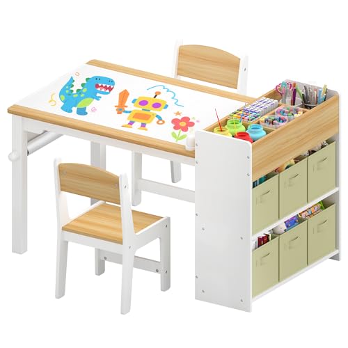 DOREROOM Kids Art Table and Chair Set, Craft and Play Wood Activity Table with Storage Bins and Paper Roll, Toddler Desk for Playroom/Nursery/Home, Kids Table and Chairs Set for Drawing/Learning/Read