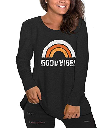Plus Size Good Vibes Shirt Womens Long Sleeve Tshirt Graphic Tees Rainbow Tunic Tops