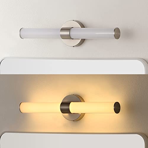 Image of JONATHAN Y 20.13 inch Nickel /White 1-Light Integrated LED Vanity Light, Mid-Century Modern Iron Sconce with Frosted Acrylic Shade, Dimmable Bathroom Light Fixture for Mirror, 3000K (JYL7119B)