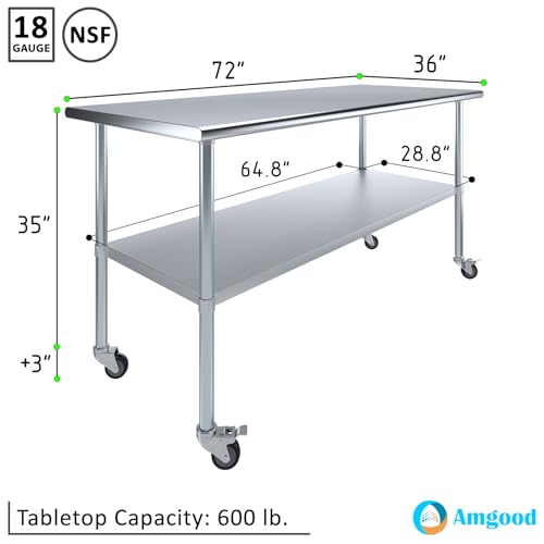 Image of AmGood 72 inch Long x 36 inch Deep Stainless Steel Table with Casters