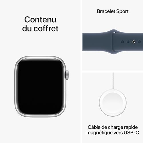 Apple Watch Series 9 (45 mm GPS) Smartwatch avec boîtier Aluminium Argent et Bracelet Sport Bleu Orage (M/L). Suivi de l’activité Physique, apps Oxygène sanguin et ECG, écran Retina Toujours activé