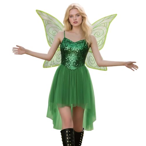Costume Fée Clochette Femme sexy, Déguisement Elfe Noël Adulte, Robe de Conte de Fées Verte avec Ailes de Fées, Robe de Tulle Femme, Tenue de Noels...