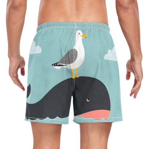 Seagull Whale Cloud Men's Swim Trunks, Quick Dry Beach Board Shorts with Liner, Swimwear Bathing Suits S2