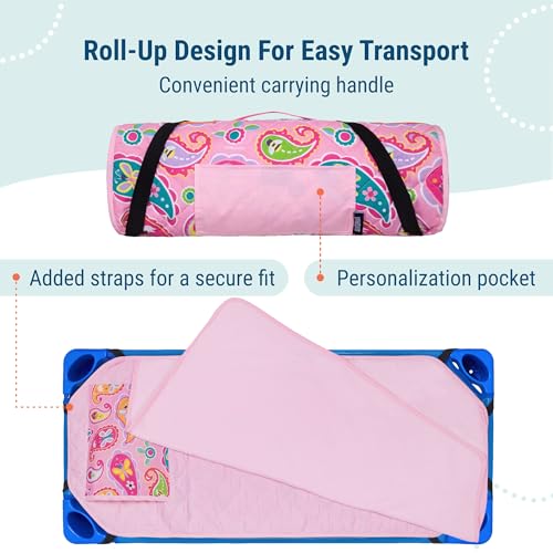 Image of Wildkin Modern Kids Nap Mat with Pillow for Girls - Soft & Cozy Cotton Blend, Elastic Straps, Toddler Sleep Mat for Daycare, Preschool, Kindergarten & Travel, Ages 3-7, Machine Washable - Paisley