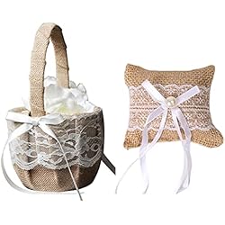 Porta Arras Boda Smavles Almohada Anillo de Boda Cojín para Anillos de Boda con Cesta de Flores Canasta Boda Encaje Arpillera para la Playa Ceremonia de Fiesta de Bodas Cafetería Bar de Música