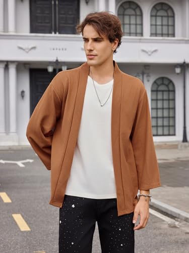 OYOANGLE Men's Japanese Rib Knit Kimono Cardigan Jackets Long Sleeve Open Front Coat Yukata Outwear3