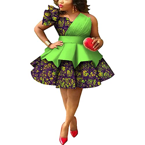 XIAOHUAGUA African Dresses for Women Ankara Print One Shoulder Multi-Layer Mini Dress Dashiki Party Wedding Clothing
