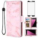 Asuwish Compatible with Samsung Galaxy S7 Edge Case and Tempered Glass Screen Protector Accessories Card Holder Kickstand Marble Wallet Phone Covers for Glaxay S7edge S 7 Plus GS7 7s 7edge SM Pink
