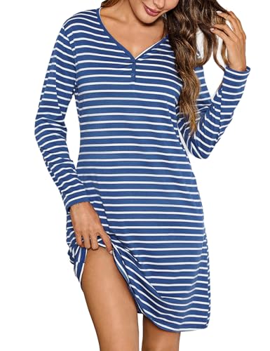 Bresdk Camisones de Mujer Invierno Rayas Camison Algodón Manga Larga Cuello en V Rope de Dormir, Azul Blanco, S