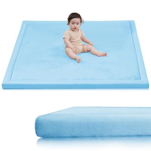 Image of Baby Play Mat for Floor,1.3 inch Thick Elasti-Foam 50x50 Playpen Mat for Toddlers Infant kids,Water-Repellent Soft Coral Velvet for Tummy Time,Non-Slip Backing for Crawling,Tatami Style(Light Blue)