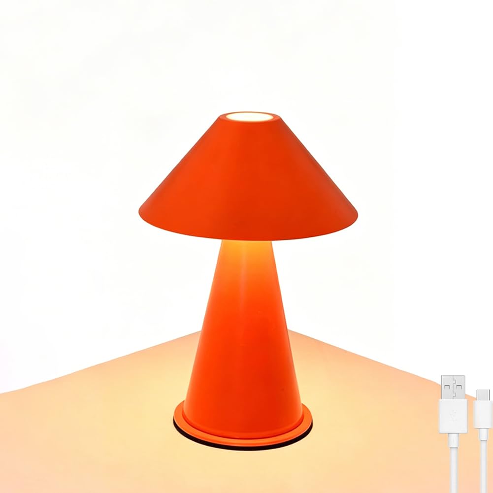 LOGT Orange LED Table Lamp, Mushroom-Shaped, Cordless, Touch Controlled, Dimmable, Battery-Operated, Rechargeable via USB, Mushroom Lamp, Rechargeable Battery, Portable, 3 Colour Temperatures,Orange