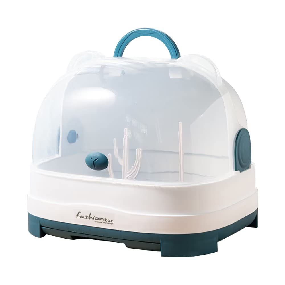 CHIFONE 哺乳瓶乾燥ラック 透明カバー付き 哺乳用品収納ケース 水切り 防塵 大容量 取り外し可能 抗菌 ほこり防止 衛生的 (ブルー)