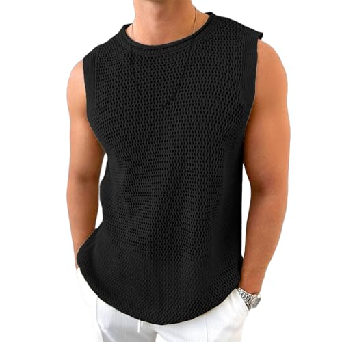 Camiseta sin mangas de malla para hombre, cuello redondo, ajuste muscular, transpirable, para verano, casual, ropa interior, Negro, XL
