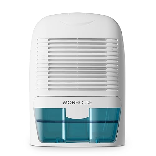 MONHOUSE Deshumidificador 1500ml Portatil, Compacto Y Silencioso - Mini Deshumidificador De Aire Para El Hogar, Oficina, Garaje, Caravana Y Sotano - Eliminador De Moho Electrico - Blanco Y Azul