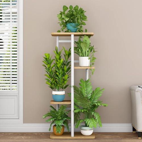 Image of LINZINAR Plant Stand Indoor 4 Tier 5 Potted Multiple Plant Shelf Stands for Garden Corner Balcony Living Room White