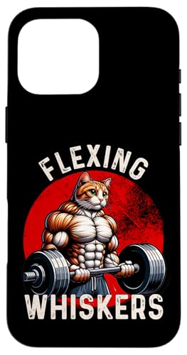 Flexing Whiskers 面白い猫ジム ウェイトリフティング フィットネス スマホケース iPhone 16 Pro Max 用