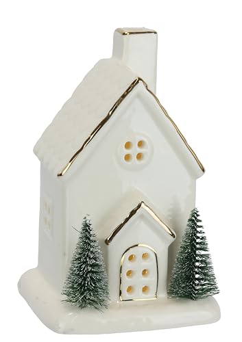 LED Porzellan Weihnachtshaus batteriebetrieben weiß Gold 15cm...