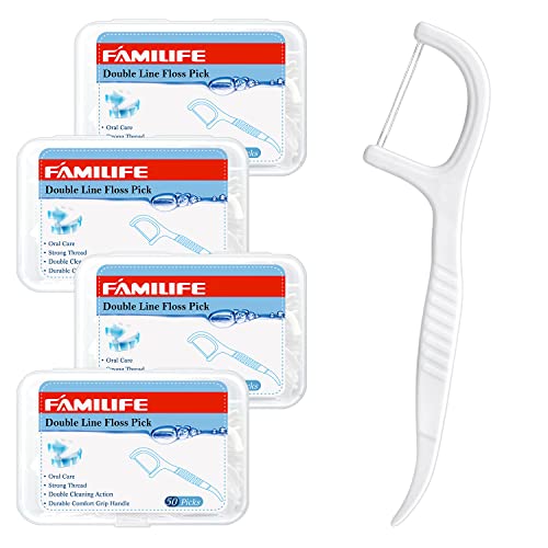 FAMILIFE Dental Floss Picks, Double Line Flossers 200 Count, Unwaxed Flossing Thinner and Tougher Unflavored Threader Flosser with 4 Travel Cases