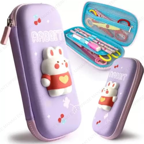 Image of Invite Enterprise 3D Polyester Cartoon Theme Pencil Case Pouch - Multipurpose Zipper Bag for Kids, Girls - Stationery Storage Box (Rabbit Small) - Purple