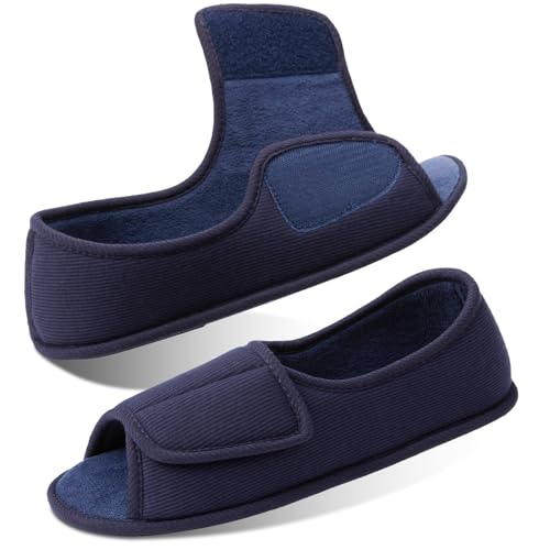 Image of Adjustable House Shoes Open Toe Full Foot Slippers for Men Breathable Memory Foam Slipper Indoor /Outdoor Non-Slip Sole Extra Wide Shoes for All Season NavyBlue US13-14