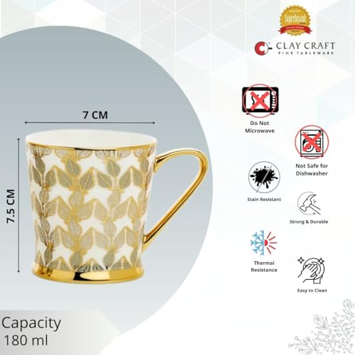 Image of Clay Craft Fine Ceramic Tea Cups Set of 6| 180 Ml Gold Print Cups with Handle | Elegant Design for Tea| Coffee| Home| Office & Gifting