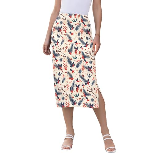 Women Casual Stretch Midi Skirts for Juniors Weekend Double Split Skirt