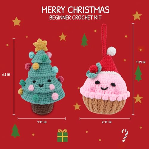 Image of HOUSE CREATIVITY Crochet Kit for Beginners - Make a Christmas Tree & Cupcake, Amigurumi Crochet Starter Kit with Video Tutorial, Yarn & Hook, DIY Holiday Ornament & Cute Desk Decor Gift