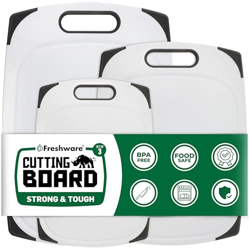 Image of Plastic Cutting Boards for Kitchen, Cutting Board Set of 3, Juice Grooves with Easy Grip Handle, BPA-Free, Non-Porous, Dishwasher Safe, White