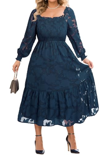 Women's Plus Size Fall Dress - Wedding Guest Long Sleeve Floral Lace Aline Flowy Midi Dress4