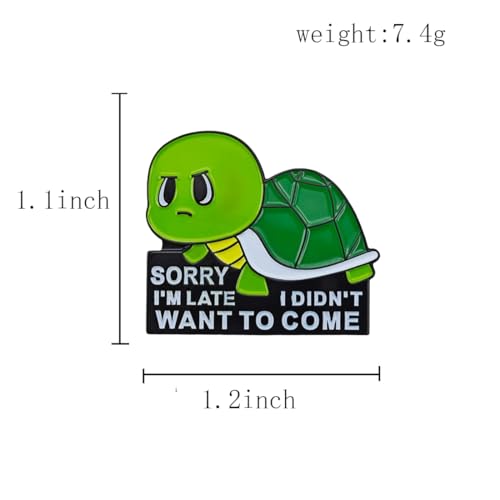 Image of Sorry I'm Late Enamel Pin, Green Turtle Cartoon Animal Pin for Backpacks, Hats, Bags