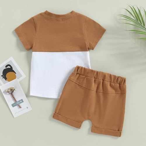 LIUNLU Baby Boy Summer Outfits Soft 100% Cotton Patchwork T-Shirt and Shorts 2Pcs Set with Pockets for Toddler Infants Coffee — view 3