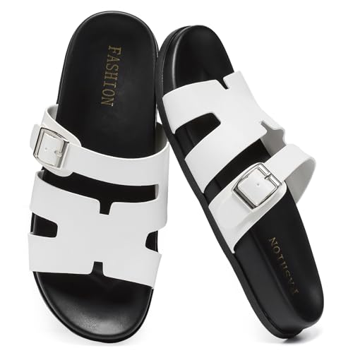 Womens Platform Sandals, H sandals for Women Leather White Black Open Toe Sandals with Adjustable Buckle Summer Comfortable Beach Chunky Slip on Slides
