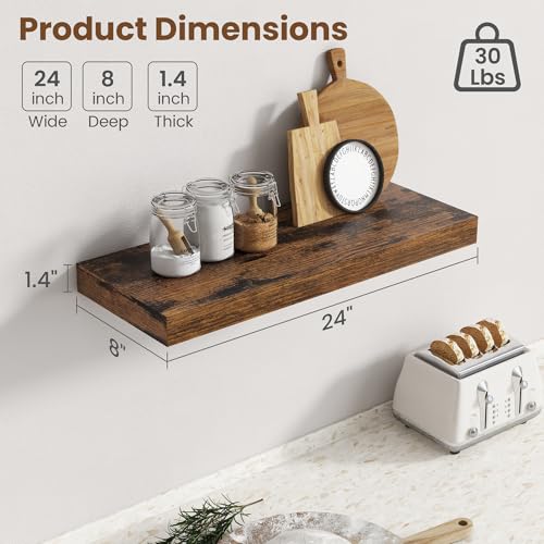 Image of 24 Inch Floating Shelves for Wall, 8 Inch Deep Floating Shelf for Storage & Display, Wall Mounted Shelf with Invisible Brackets for Living Room, Kitchen, Bathroom, Home Decor, Set of 2, Rustic Brown
