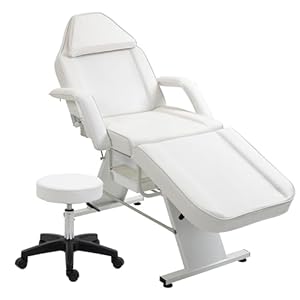 Massage Salon Tattoo Chair with Two Trays and Hydraulic Stool, Esthetician Bed Adjustable 3-Section Facial Table, Barber Spa Beauty Equipment, White