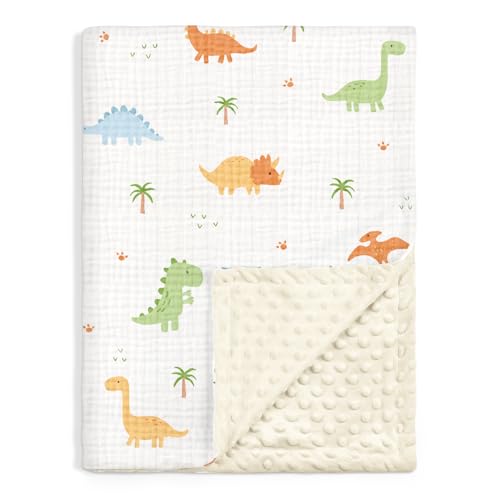 Image of Dinosaur Baby Blankets for Boys, Soft Nursery Minky Blankets with Muslin and Dotted Fleece Back 30x40 inches, Receiving Bed Quilt for Newborn, Infants, Toddlers