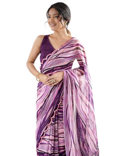 Image of Satrani Women's Georgette Printed & Mirror Work Saree with Unstitched Blouse Piece