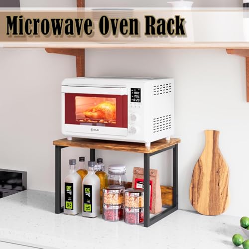 EVETO Microwave Oven Stand with Storage Shelf | Rustic Brown Metal & Wood Kitchen Rack | Countertop Organizer for Microwave, Toaster & Coffee Maker (17 x 12.4 x 12 Inch) view 2