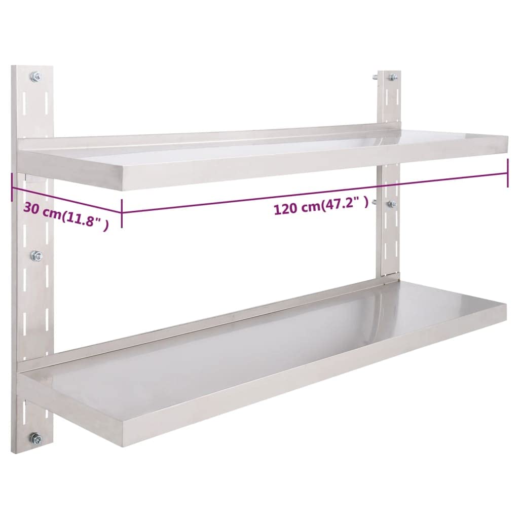 Wandregal Edelstahl 120x30 cm 2 Stufen Küchenregal mit 40 kg Tragkraft Hygienisches Design für Küche Badezimmer und Wohnzimmer