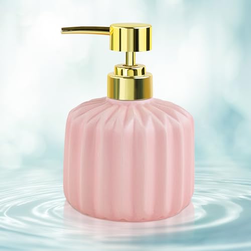 Image of Birch & Co. Ceramic Soap Dispenser For Wash Basin - Handwash Dispenser Bottle - Leak-Proof Design With Silver Glossy BPA-Free Pump, Rivo, Pink,Soapdispenser Rivo Pink