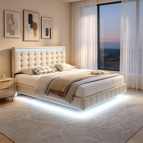 Lit rembourré 160 x 200 cm, Cadre de lit Adulte Moderne avec tête de lit éclairée par LED, lit...