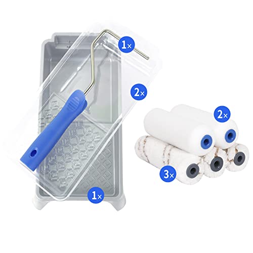 Paint Roller Kit,Mister Rui-Mini Paint Roller Kit 4-inch Microfiber Paint Roller Covers, Foam Paint Roller Covers, Paint Roller Tray, Disposable Paint Tray with Paint Roller Frame Set, Pack of 9