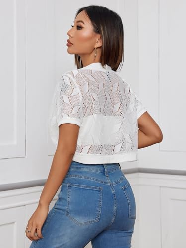 OYOANGLE Women's Crochet Knit Tops Short Sleeve Bolero Shrug Lightweight Open Front Cropped Cardigan Sweaters2