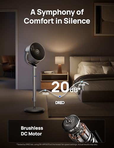 Image of DREO Smart Fan for Bedroom, Position-based Oscillation, 150+120 3D Oscillating Fan, 110ft Pedestal Fans with Wi-Fi /Voice /Remote, Standing Fans Work with Alexa /Google, 9 Speeds, 6 Modes, 20dB, Silver