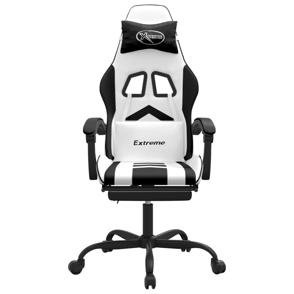 Gaming-Stuhl mit Fußstütze ergonomisch, Kunstleder Schreibtischstuhl höhenverstellbar mit Massagepunkt, Schwarz & Weiß
