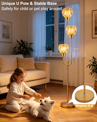 Image of 3-Lights Modern Glass Floor Lamp Gold Dimmable Floor Lamps with 3000K Warm White Bulbs for Wedding Party 66IN Tall Standing Lamp with Amber Glass Shade for Living Room /Bedroom /Girls Room